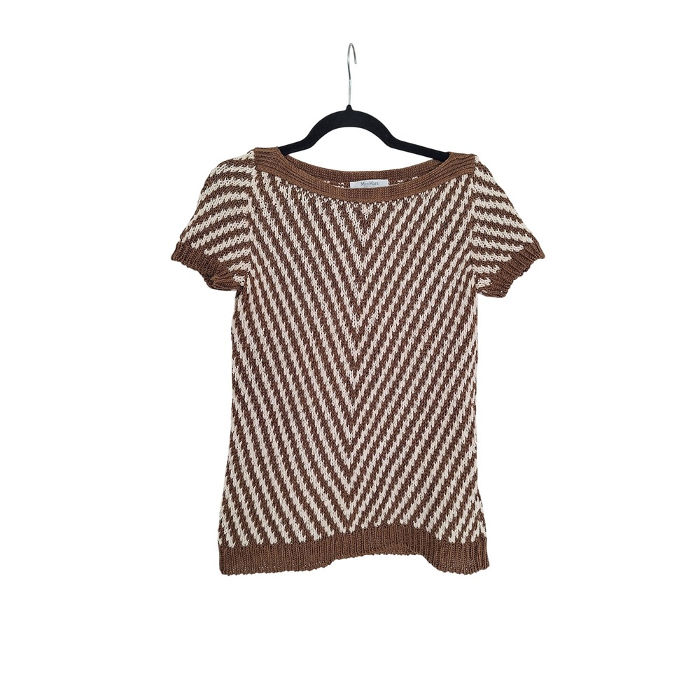 Max Mara Brown Cream Chevron Linen Silk Knit Short Sleeve Top Size M Italy